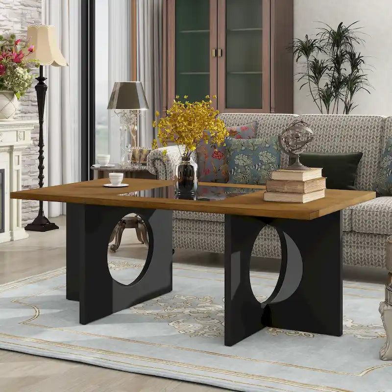 Tavolino da caffè rettangolare contemporaneo in legno da 47 pollici con piano in vetro temperato trasparente, finitura superiore nera e espresso chiaro