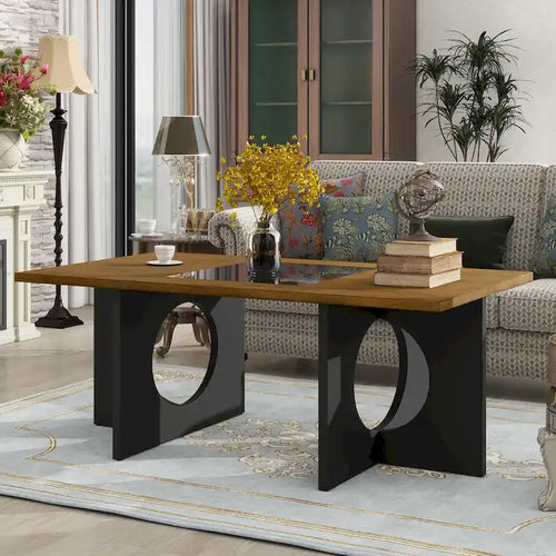 47 Contemporary Wood Rectangular Coffee Table with Clear Tempered Glass Top, Black and Light Espresso Top