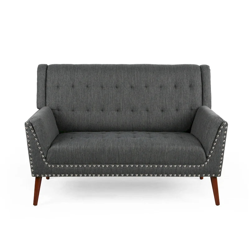 Divanetto in tessuto imbottito Mid-Century Modern con finiture borchiate