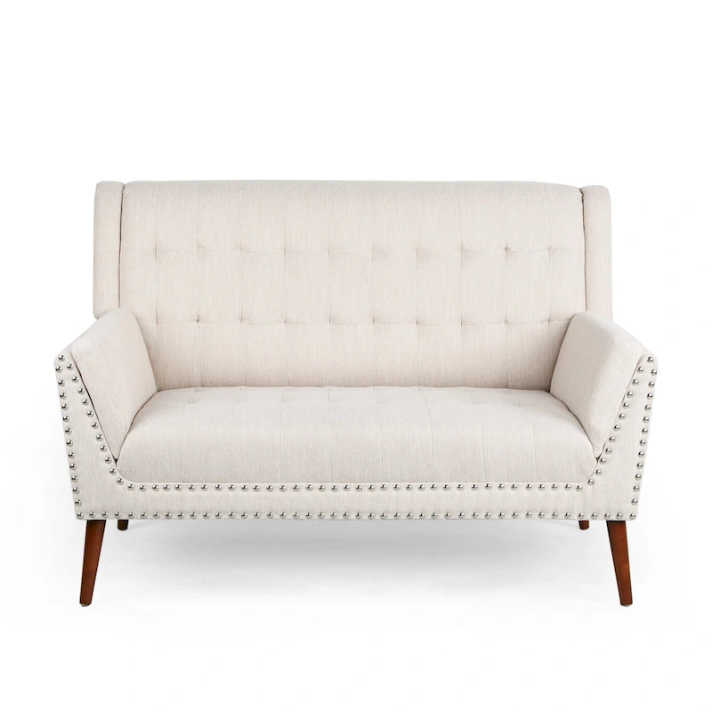 Divanetto in tessuto imbottito Mid-Century Modern con finiture borchiate