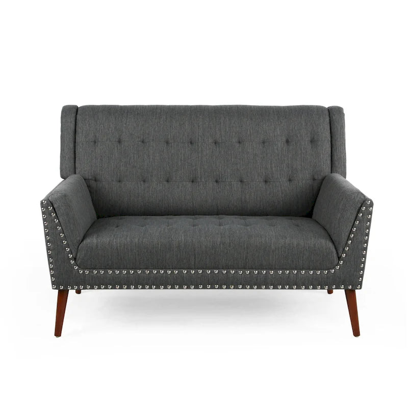 Divanetto in tessuto imbottito Mid-Century Modern con finiture borchiate