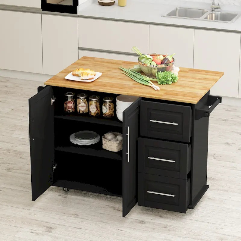 Carrello da Cucina con Isola, Mobile a 2 Ante e Tre Cassetti