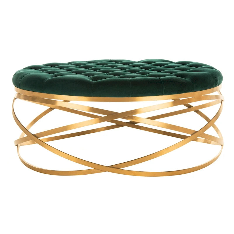 Pouf in velluto verde smeraldo trapuntato con struttura in metallo dorato