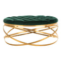 Pouf in velluto verde smeraldo trapuntato con struttura in metallo dorato