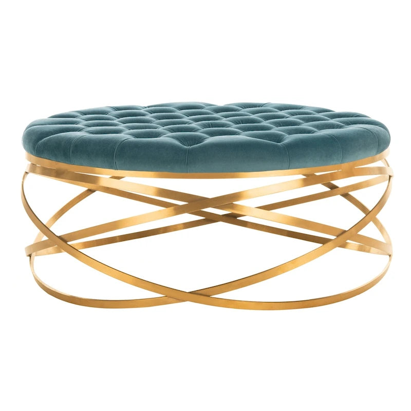 Pouf in velluto verde smeraldo trapuntato con struttura in metallo dorato