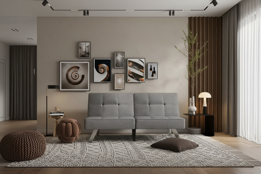 Divano letto futon pieghevole convertibile moderno imbottito in lino per piccoli spazi abitativi