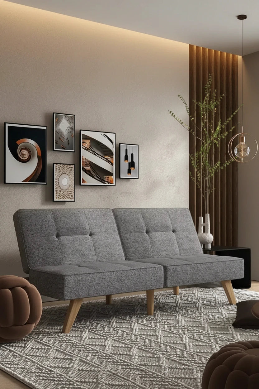 Linen Upholstered Modern Convertible Folding Futon Sofa Bed for Compact Living Space