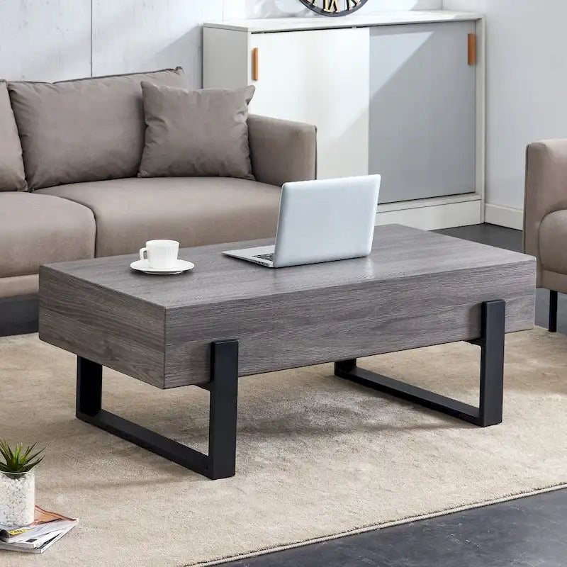 Tavolino da Caffè Rustico in MDF Effetto Legno Grigio con Gambe in Metallo Nero